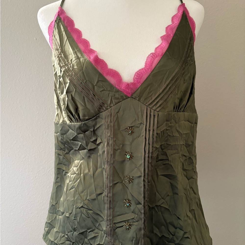 Salvage Olive Green Camisole with Pink Lace Trim
